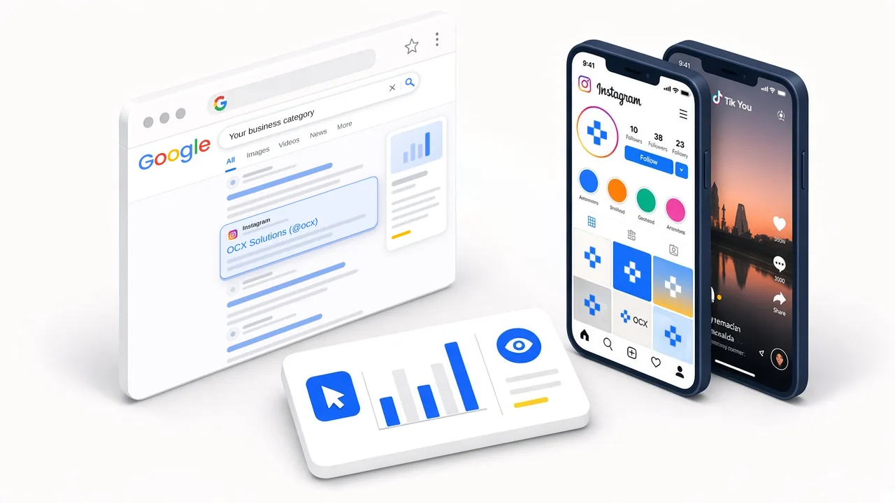 Illustrated Google Search results beside Instagram and TikTok phones