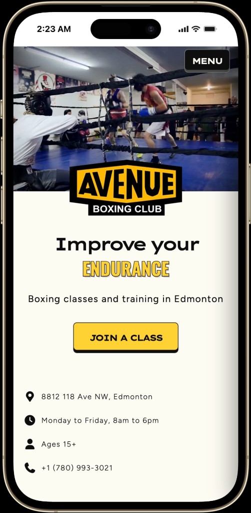 Avenue Boxing Club mobile website displayed in a phone mockup